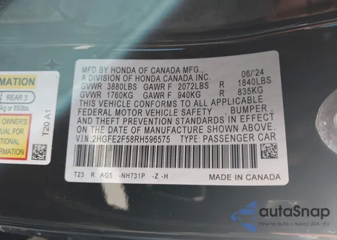 2024 Honda Civic Sport из США, поврежденный, VIN 2HGFE2F58RH596575